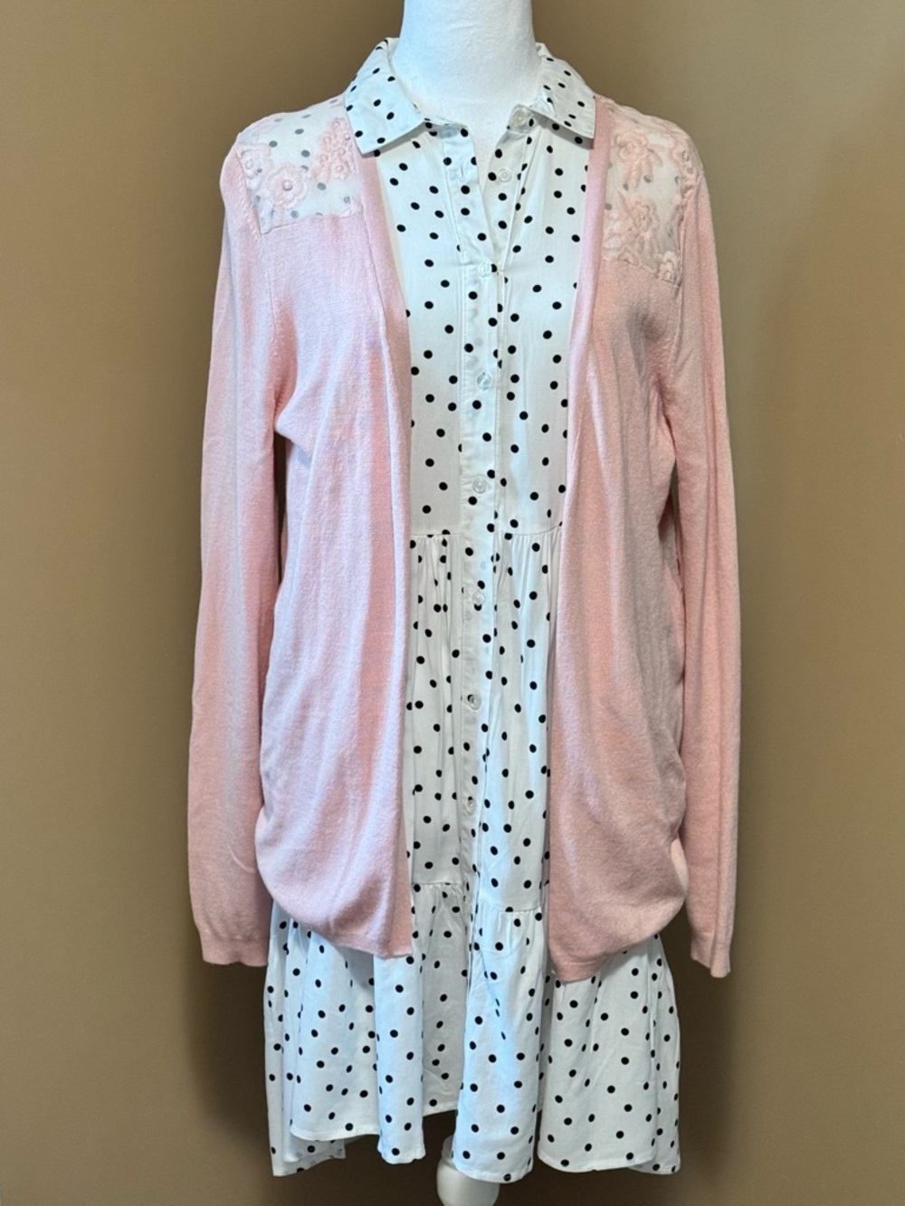 Kismet Light Pink Open-Front Cardigan with Lace Shoulders